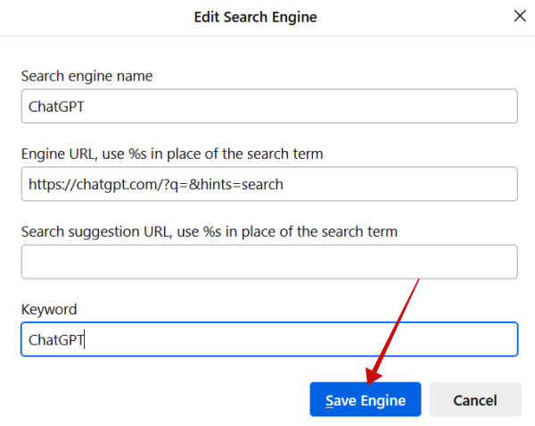 Creating new search engine in Firefox browser.