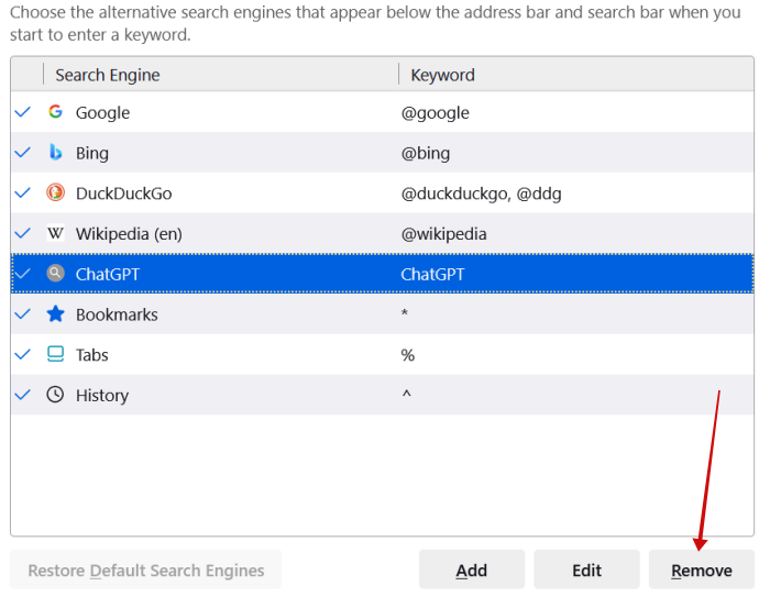 Removing ChatGPT as search engine on Firefox on PC. 