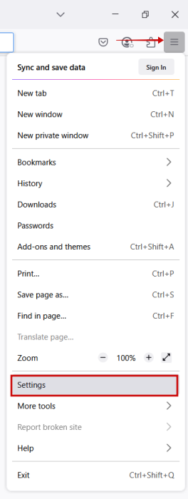 Going to Settings in Firefox browser on PC.