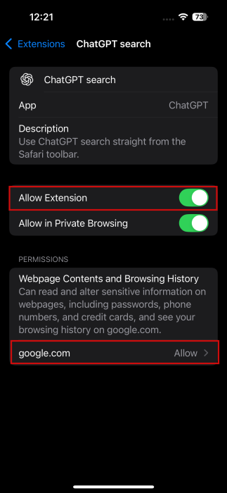 Enabling ChatGPT extension for Safari on iPhone. 