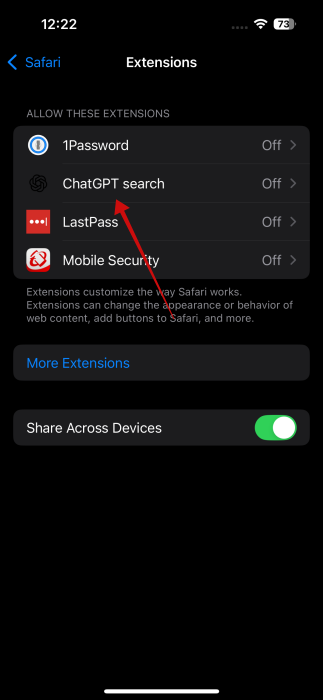 Selecting "ChatGPT search" extension for Safari on iPhone. 