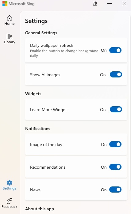 Changing settings for the wallpaper in the Bing app.