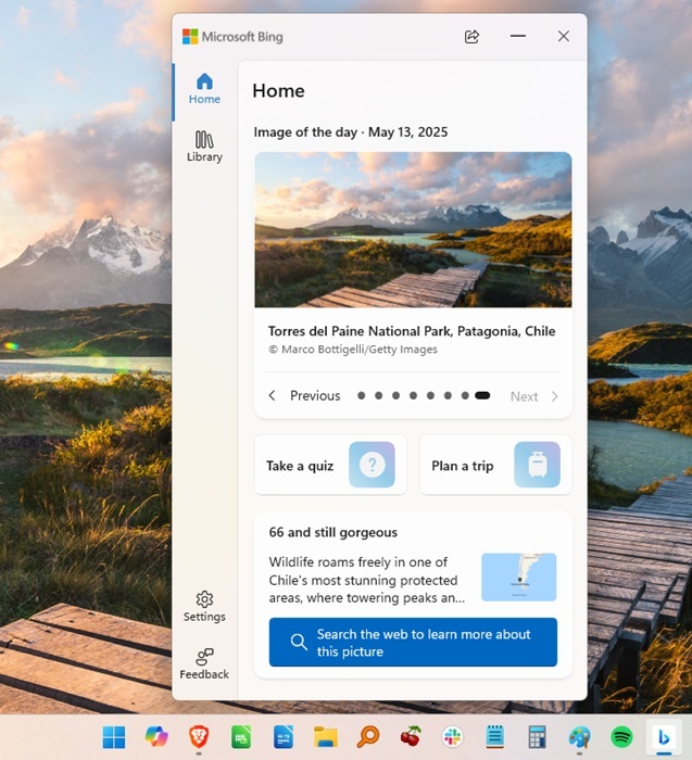 Viewing details about the daily Bing Wallpaper.
