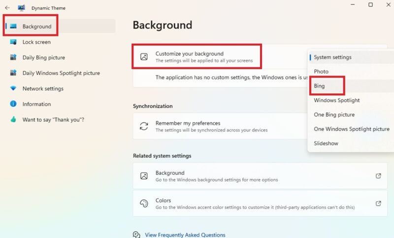 Switching to Bing for your wallpaper in Dynamic Theme app.