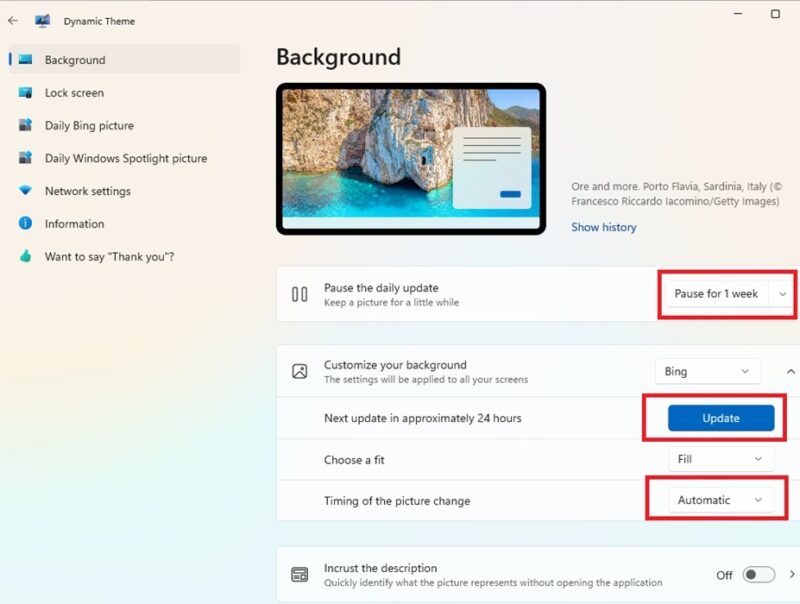 Changing the Bing daily wallpaper settings.