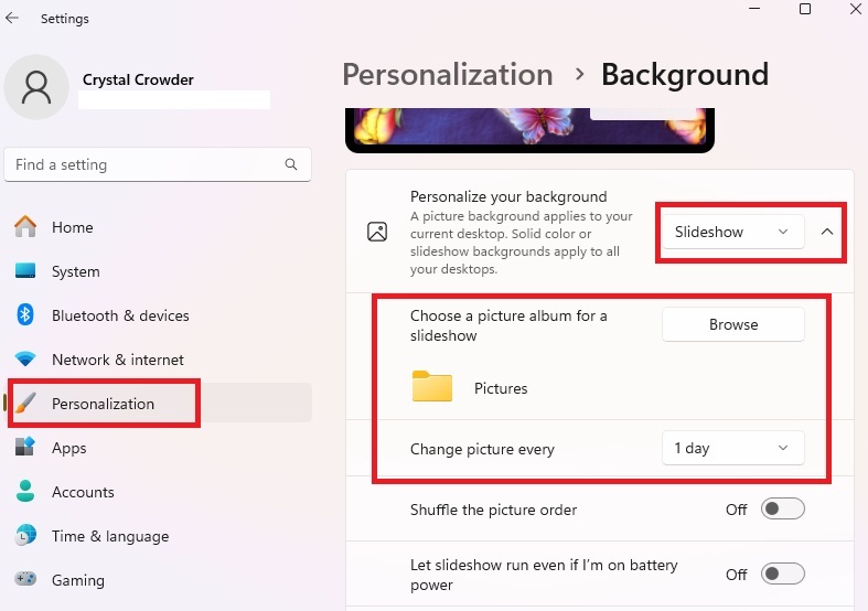 Creating a slideshow of wallpapers.