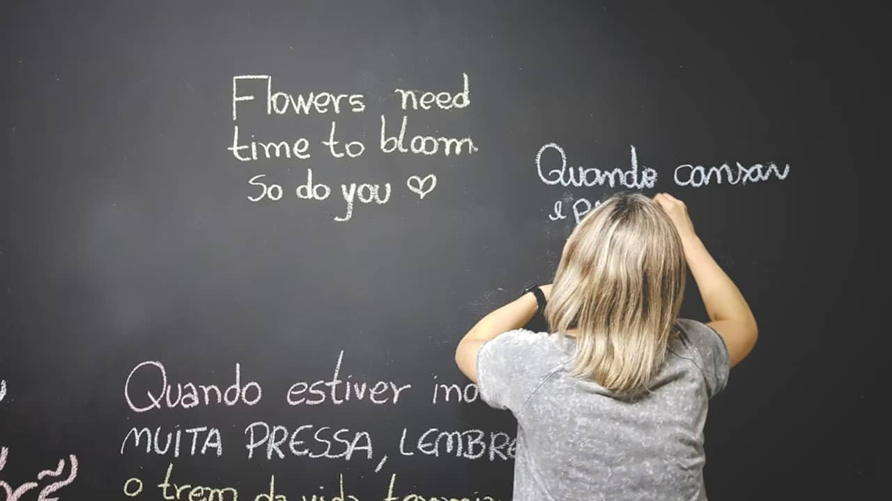 Person translating languages on chalkboard.