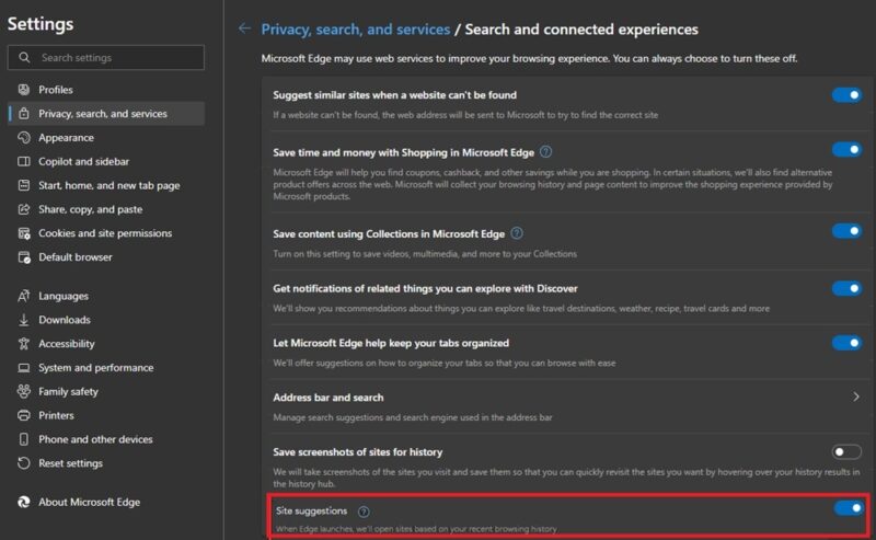 Toggling Site Suggestions off.