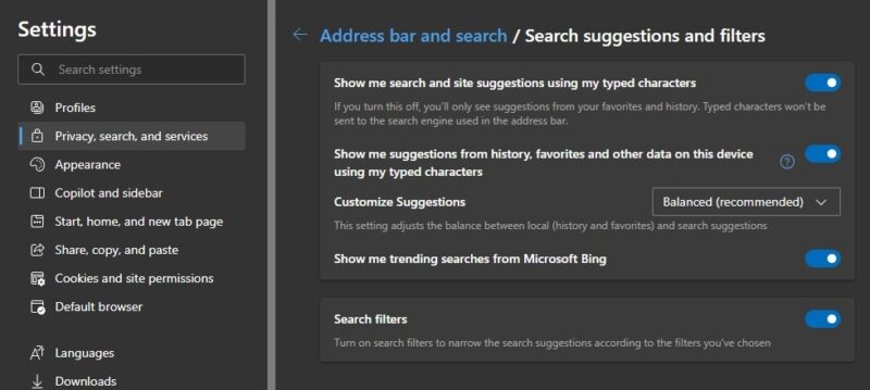 Turning off search suggestions and filters in Edge.