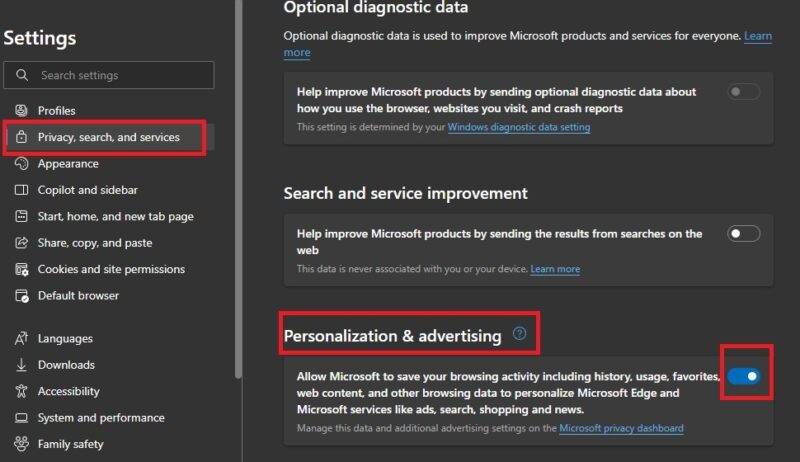 Turning off personalization and advertising in Edge.