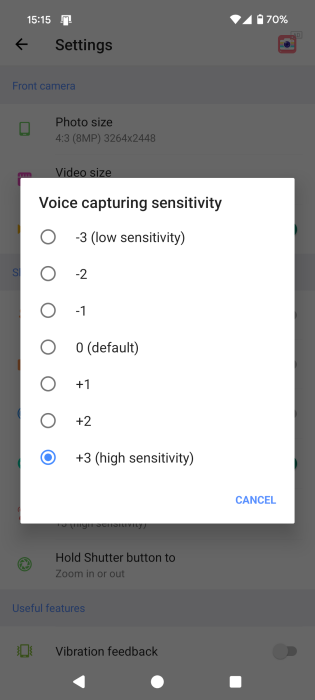 Voice capturing sensitivity options in Fast Snap app. 