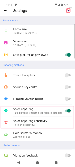 Turning on "Voice capturing" and viewing "Voice capturing sensitivity" options in Fast Snap app. 