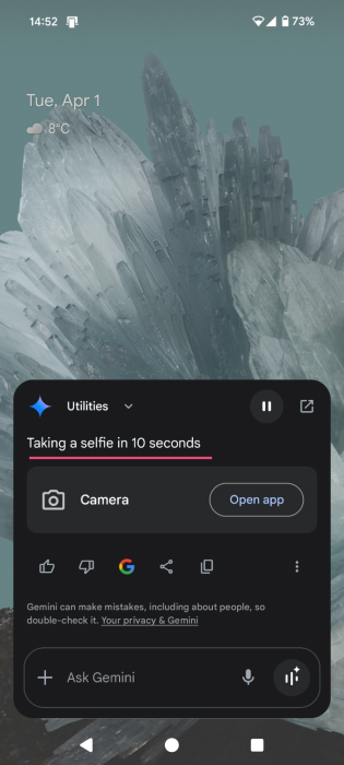 Instructing Google Assistant/Gemini to take a selfie for you. 