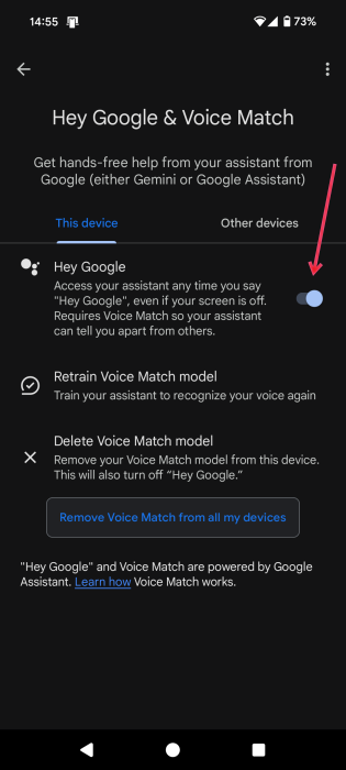 Checking if "Hey Google" toggle is on in Android Settings.