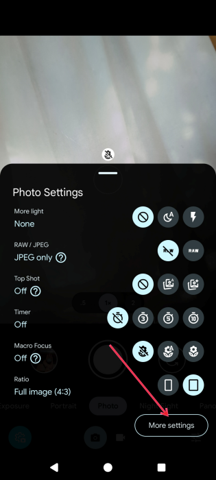 Tapping on "More Settings" button in Pixel camera app. 