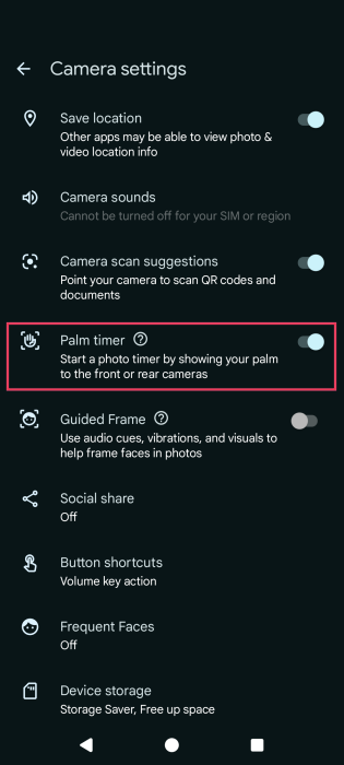 Enabling "Palm timer" option in Pixel camera app. 