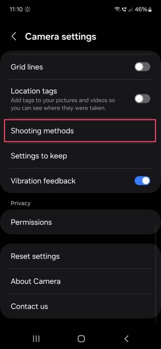 Tapping on "Shooting methods" option in Camera Settings on Samsung Galaxy phone. 