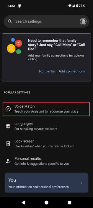 Tapping on "Voice Match" option in Android Settings.