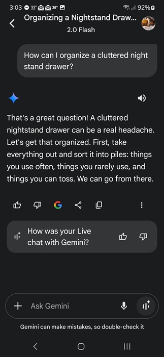 Transcript from starting a Live conversation on organizing a night stand drawer.