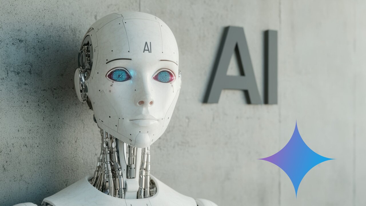 AI robot standing in front of AI logo with Gemini logo in front