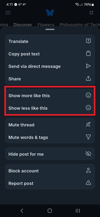 Customizing your Bluesky feeds on Discover feed.