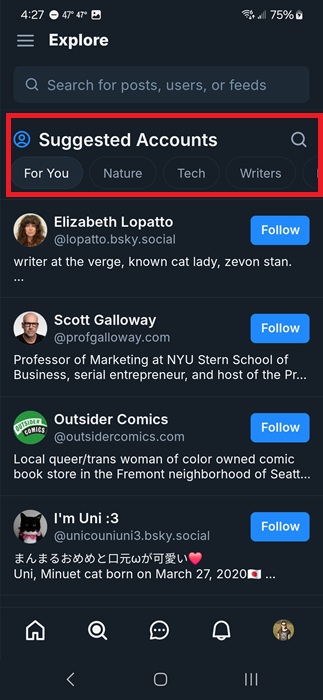 Finding new users to follow under Suggested Accounts.