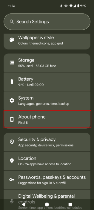 Tapping on "About phone" in Android settings.