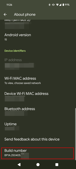 Tapping on "Build number" in Android settings.