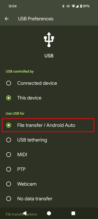 Switching to "File transfer" in "USB Preferences" under "Connected devices" in Android Settings.