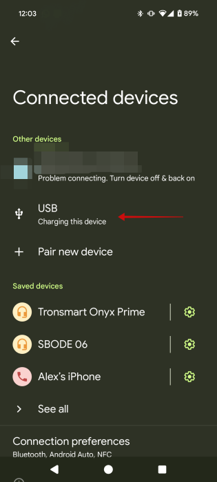 Tapping on "USB" option in "Connected devices" menu in Android settings.