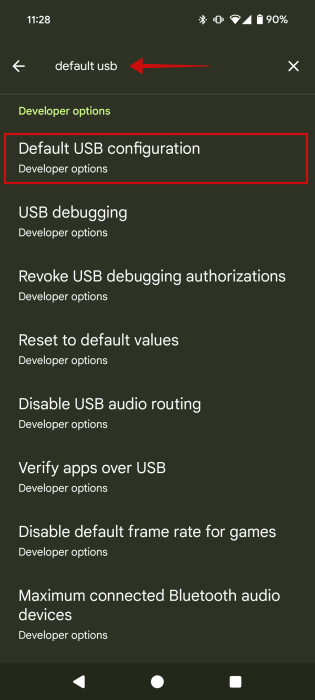 Searching for "default usb" in Android Developer Options.