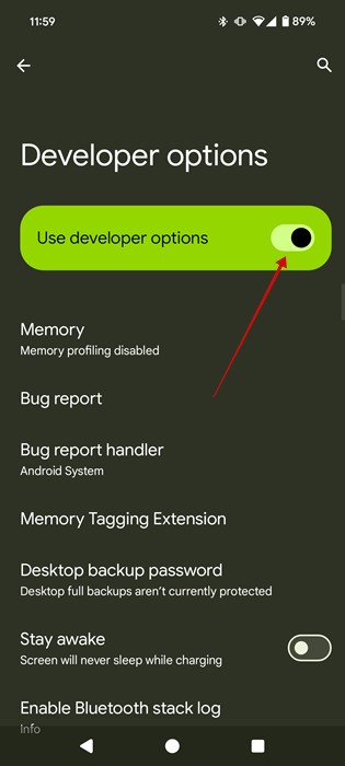 Toggling "Use developer options" on and off in Android settings.