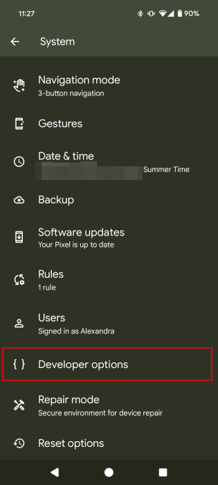 Navigating to "Developer options" in Android settings.