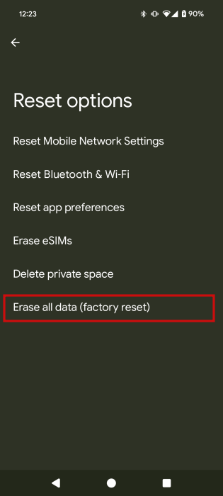 Navigating to "Erase all data (factory reset) via Android settings.
