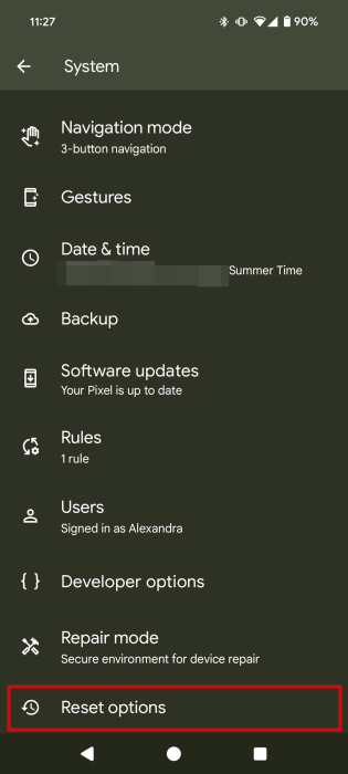 Pressing on "Reset options" in Android settings.