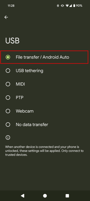 Switching to "File transfer" in USB settings in Developer Options on Android.