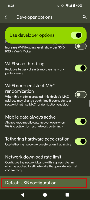 Selecting "Default USB configuration" option in Android Developer Options.
