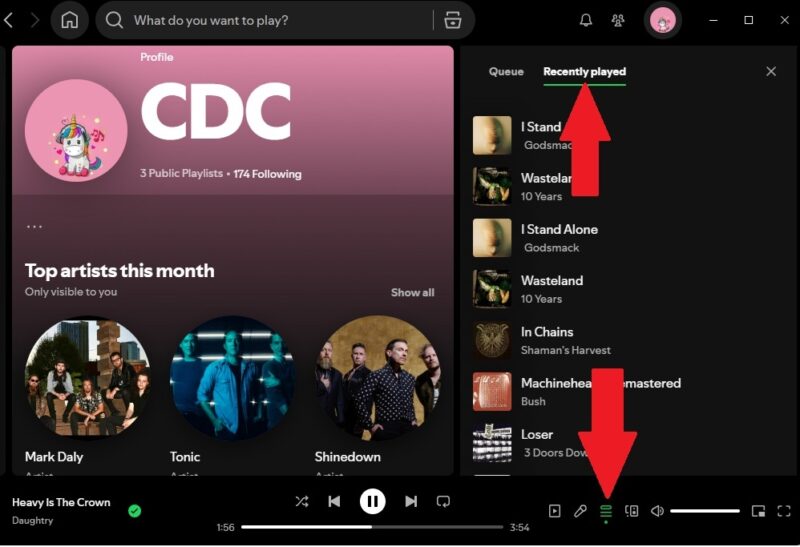 Finding recents in Spotify desktop app.