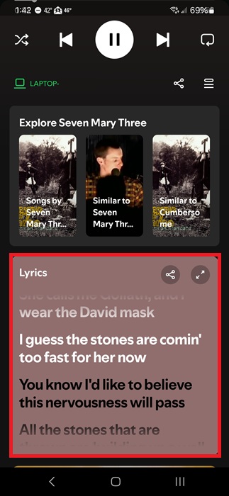 Viewing Spotify lyrics on mobile app.