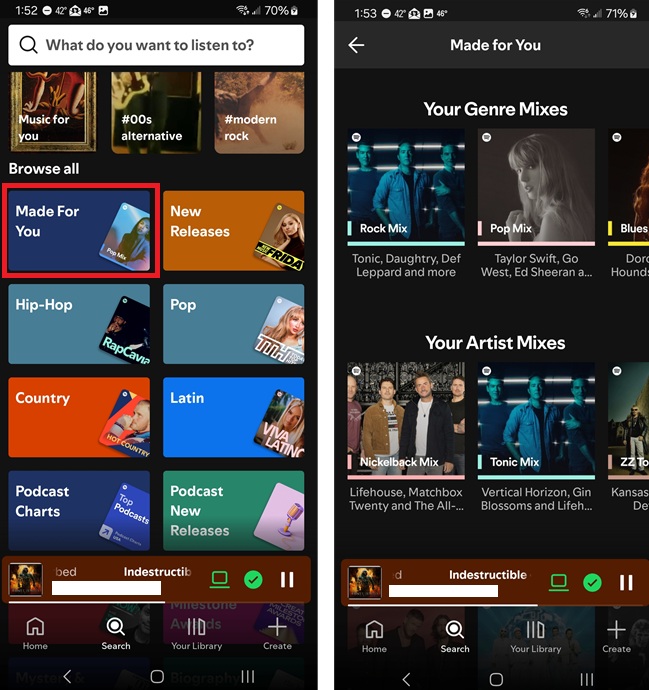 Browsing personalized mixes on Spotify app.