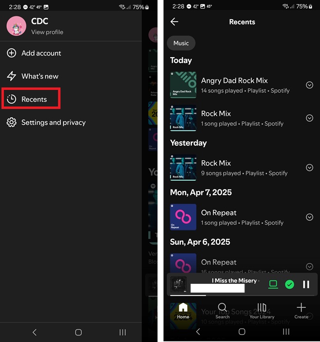 Finding recents in Spotify mobile app.