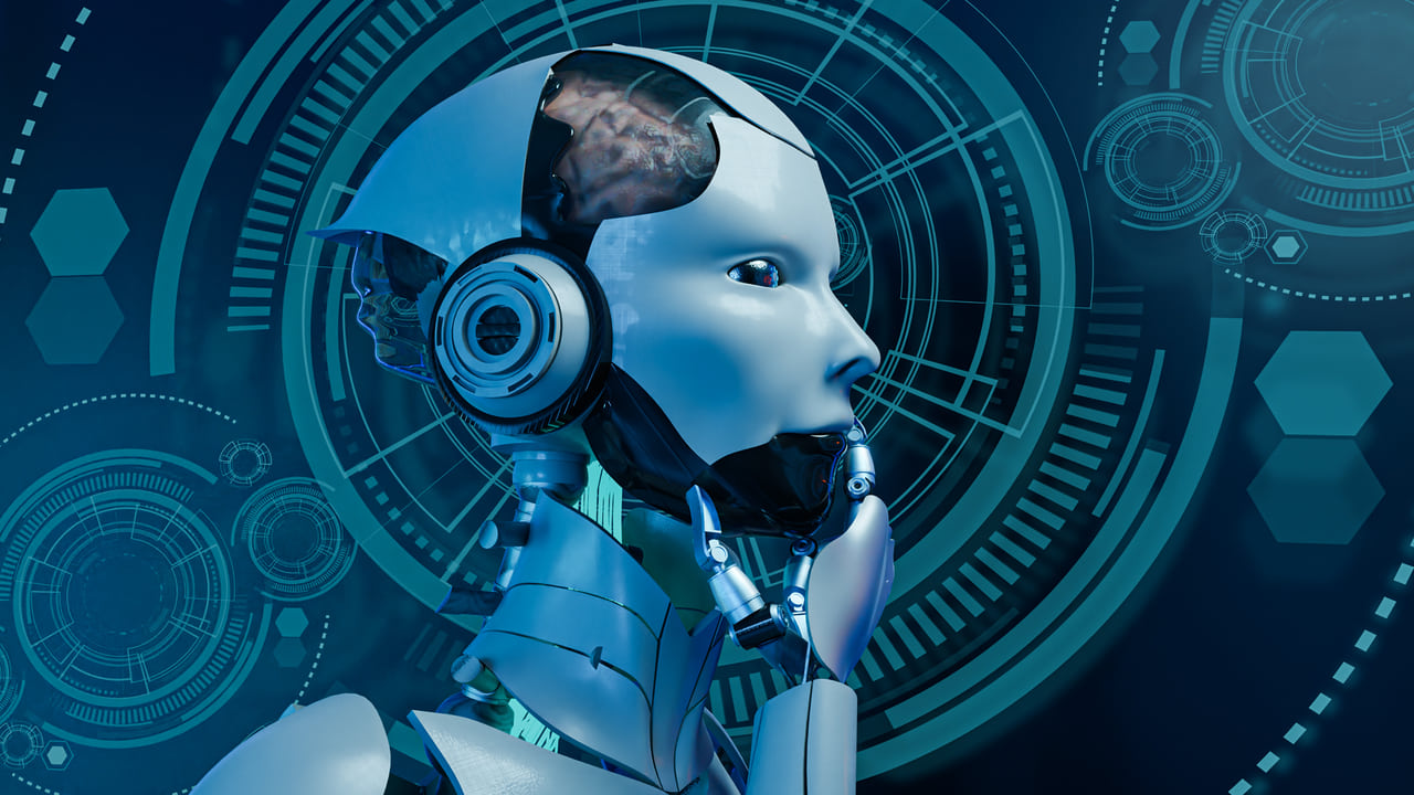 Humanoid robot thinking with a tech background