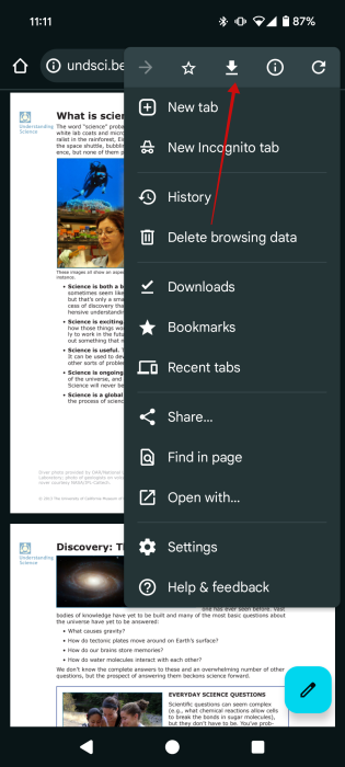 Downloading PDF file in Chrome app on Android.