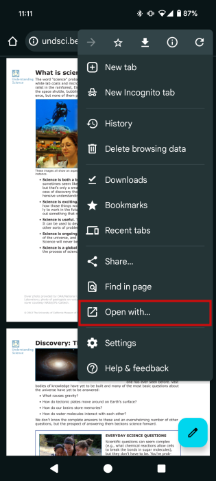 Pressing on "Open with" button in PDF page in Chrome for Android.