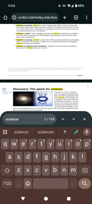 Searching PDF for keywords in Chrome app for Android.