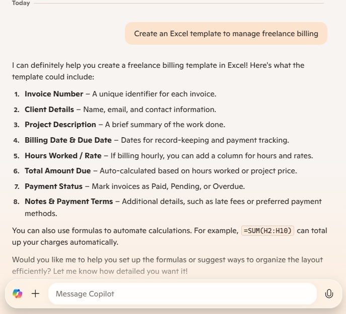 Using Copilot to create an Excel template.