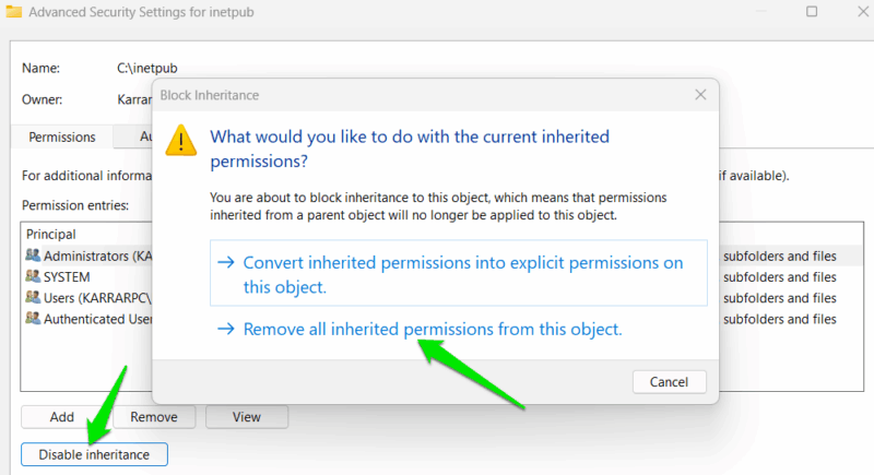 Disabling inheritance in Windows advanced security