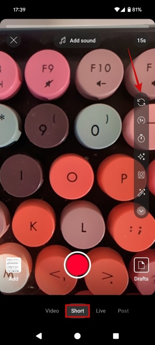 Switching to "Short" option for video creation in YouTube app. 