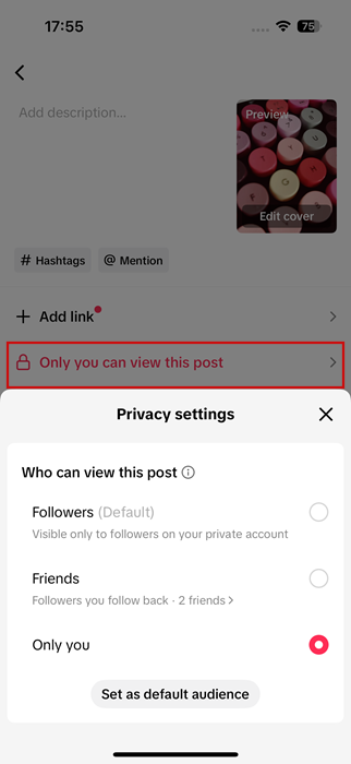 Changing privacy settings for post in TikTok app. 