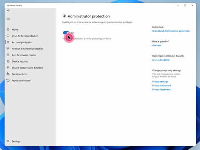 Adminsitrator Protection toggle enabled in Windows Security.
